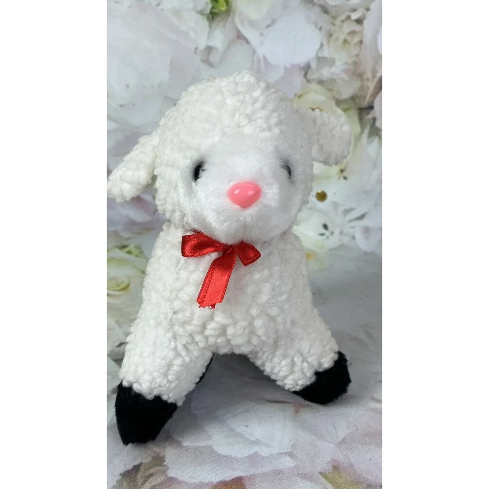 Plushland Lamb Sheep Stuffed Animal Plush White Black Pink Nose Red Bow 7 Inches